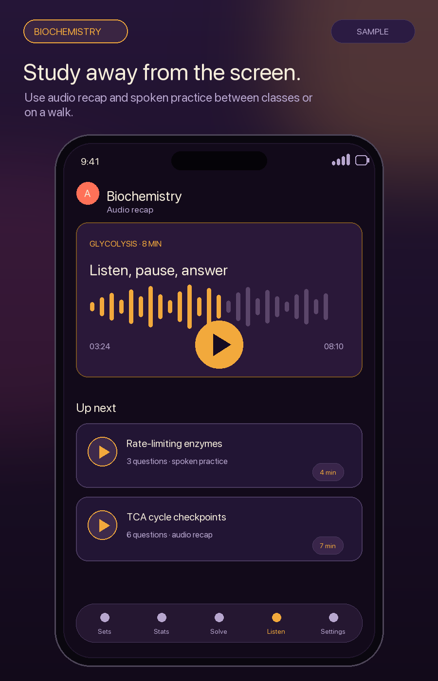 Illustrative ALL Listen view showing a biochemistry audio recap and two spoken-practice items.