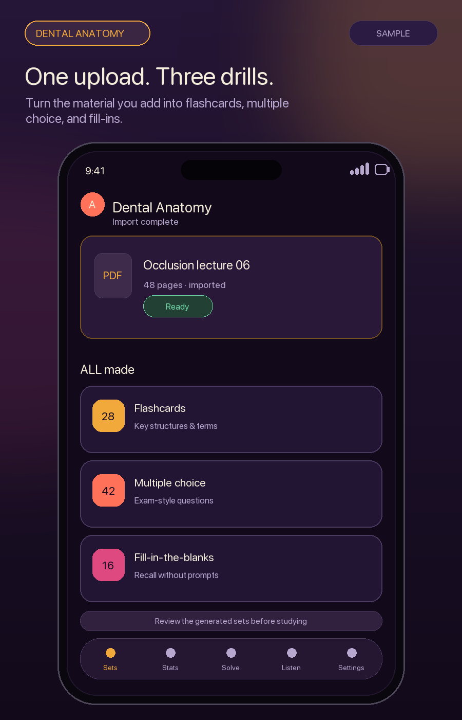 Illustrative ALL import view showing dental anatomy material turned into flashcard, multiple-choice, and fill-in-the-blank sets.