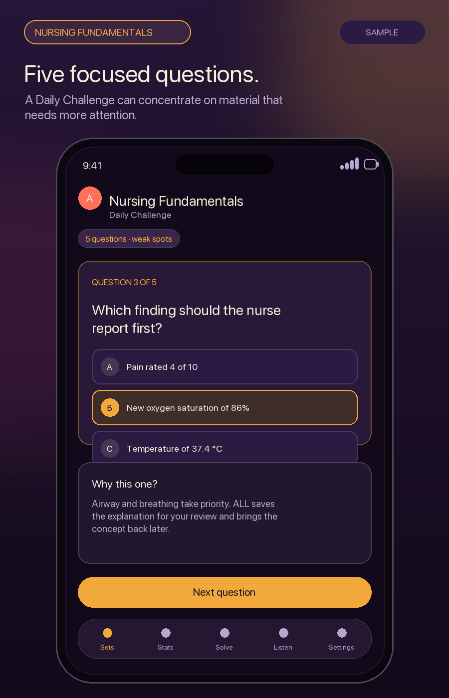 Illustrative ALL Daily Challenge showing one of five nursing questions selected from weak material.