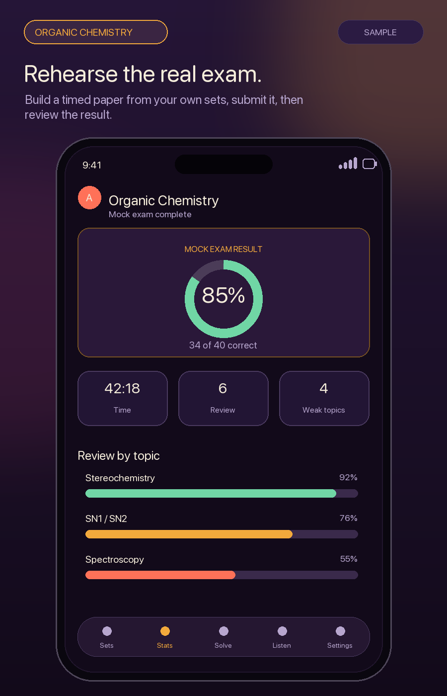 Illustrative ALL result view showing an organic chemistry mock exam score, timing, and topic breakdown.
