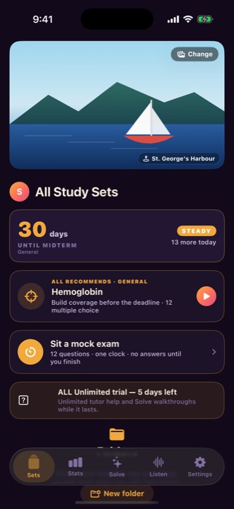 ALL home screen showing days until the midterm, a recommended topic, and a Sit a mock exam card.