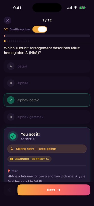 The same question answered correctly, showing an explanation and a streak indicator.