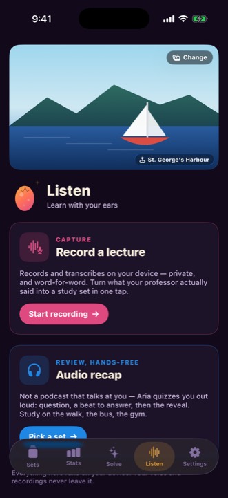 The Listen tab offering Record a lecture and Audio recap.