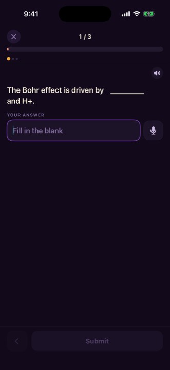 A fill-in-the-blank question with a microphone button beside the answer field.