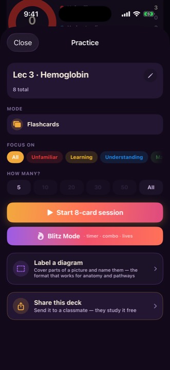 Practice options for a flashcard set including Blitz Mode and Label a diagram.