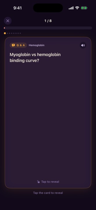 A flashcard asking about myoglobin versus hemoglobin binding curves, waiting to be revealed.
