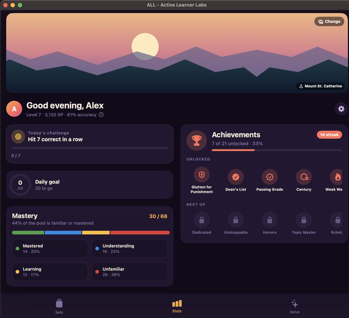 ALL on macOS showing level, daily goal, mastery breakdown and achievements.